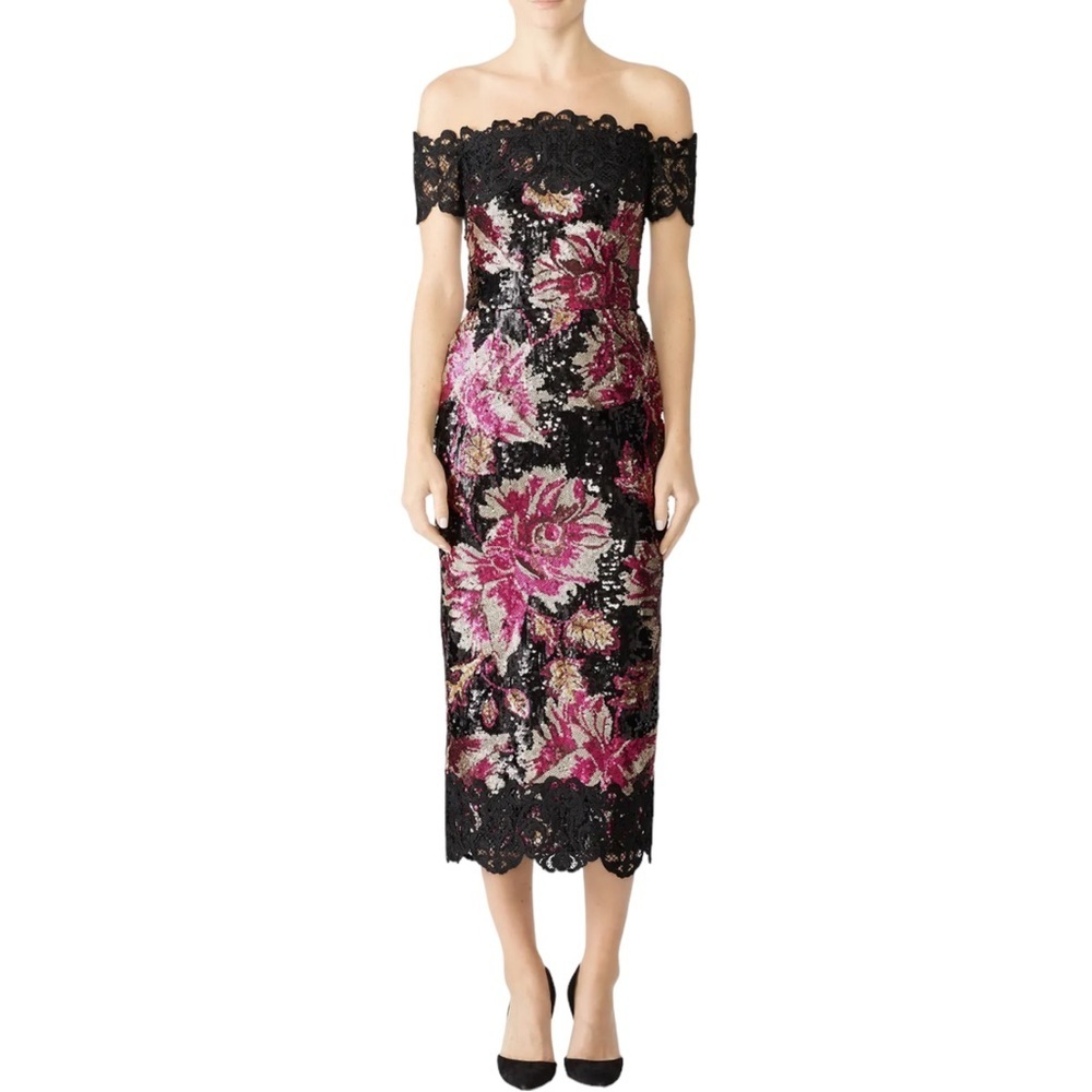 Marchesa Notte Pink Sequin Midi Dress